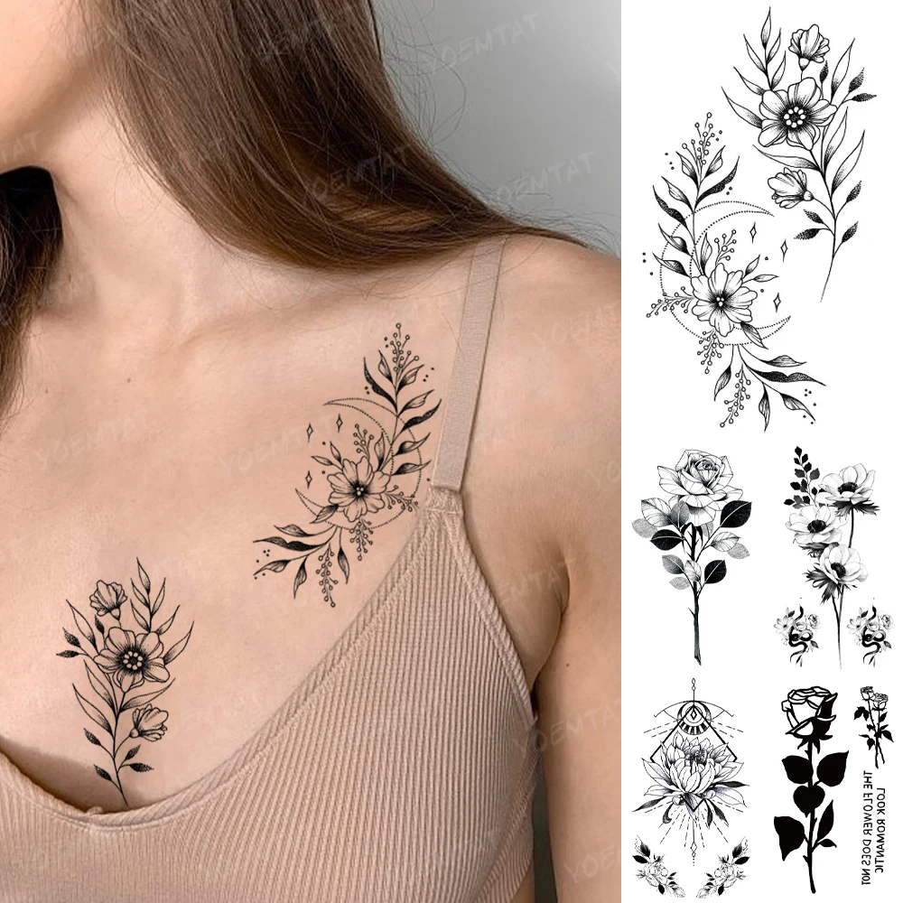 Waterproof Temporary Tattoo Sticker Black Line Simple Flower Rose Sexy Women Flash Tatoo Kid Wrist Ankle Body Art Fake Tatto Men