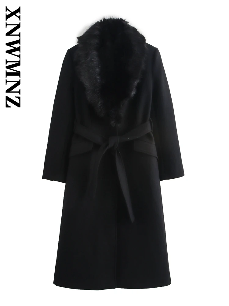 XNWMNZ 2024 Autumn/Winter Woman's Casual Button Black belt Jacket Female Fashion Chic Thick Long Sleeve Mid-length V-Collar Coat