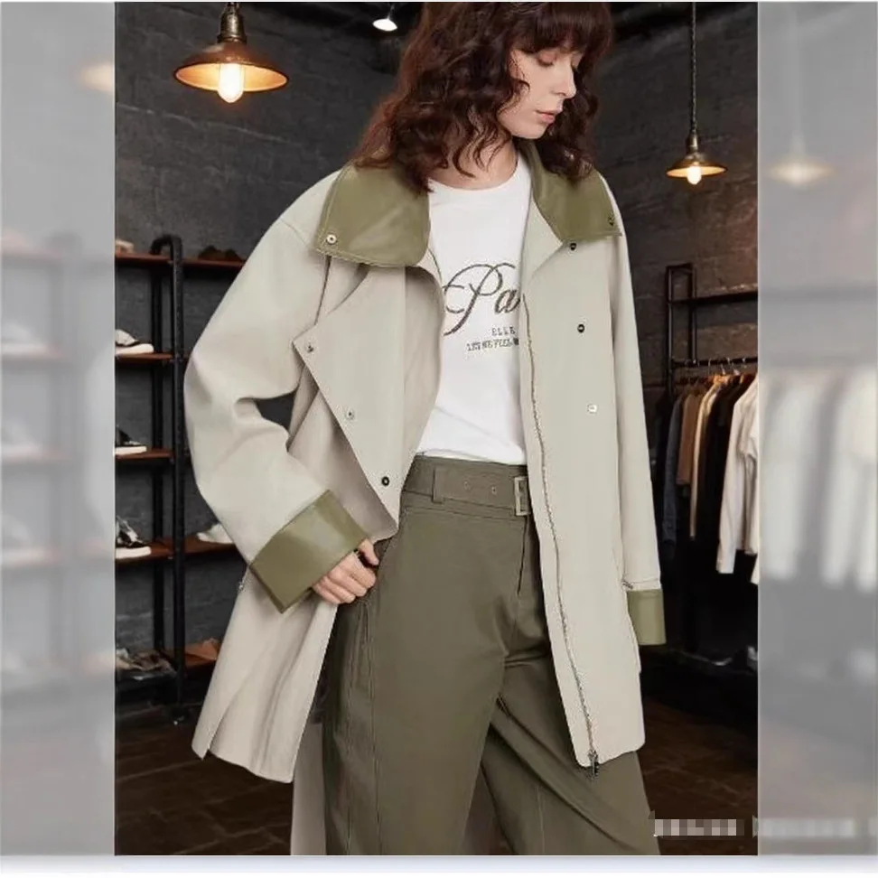 

SuperAen Color-blocking Turn-down Collar Safari Style Jacket for Women's 2026 Autumn New Fashion Casual Loose Trench Coat