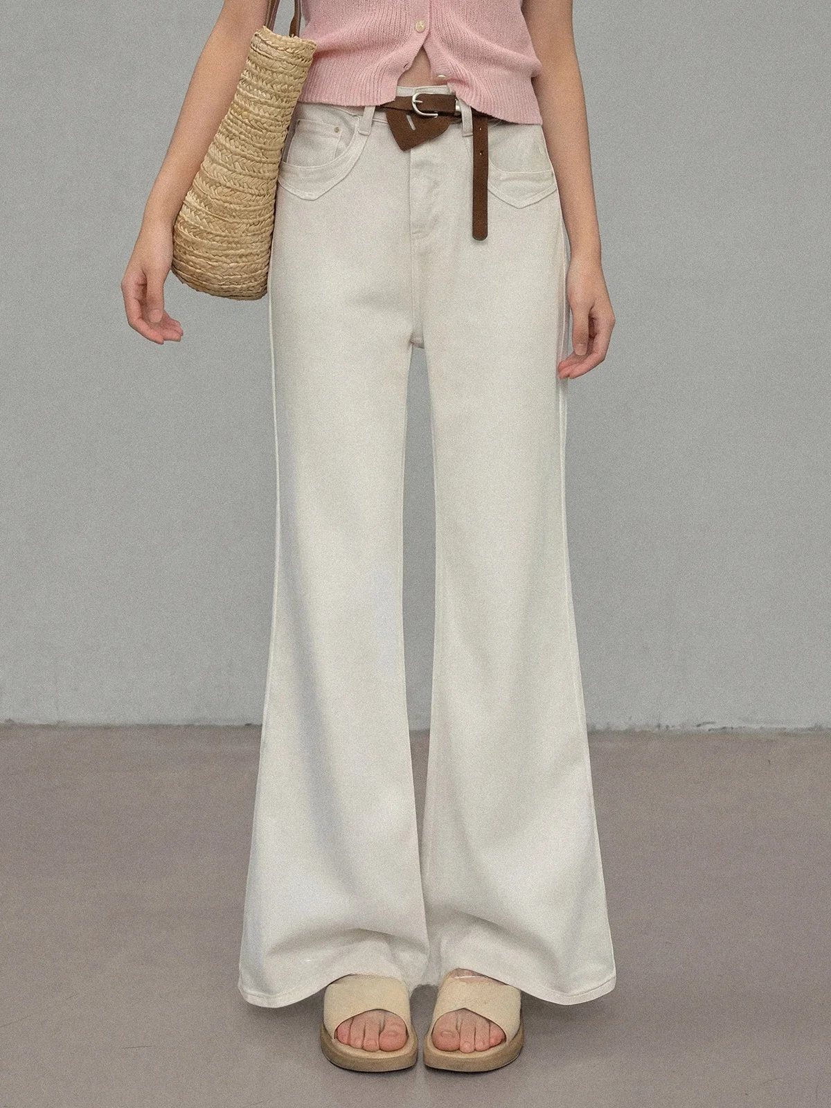 High Waist Thin Denim Jeans Women's Summer Fashion Wide Leg Micro Flared Pants Light Beige Straight Cut Commute Style Jeans