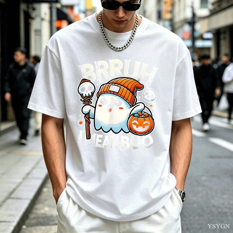 Fashion Ghost Bruh Cotton Tshirt Cute Ghost Pumpkin Candy Theme Unisex Tee Halloween Fans Streetwear Shirt Casual Halloween Top