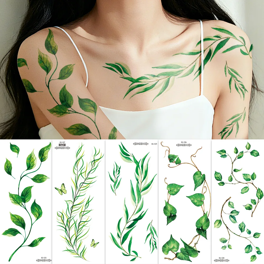 

5 листов реалистичных татуировок с зелеными листьями - большие водонепроницаемые поддельные наклейки с виноградной лозой для женщин, боди-арт на шею, плечах и руке