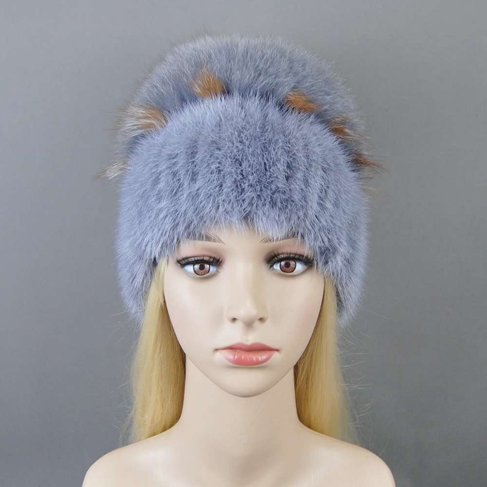 Fashion Real Mink Fur Hat For Winter Women Imported Knitted Mink Cap With Fox Fur New Hot Sale High Quality Women Beanies Hat