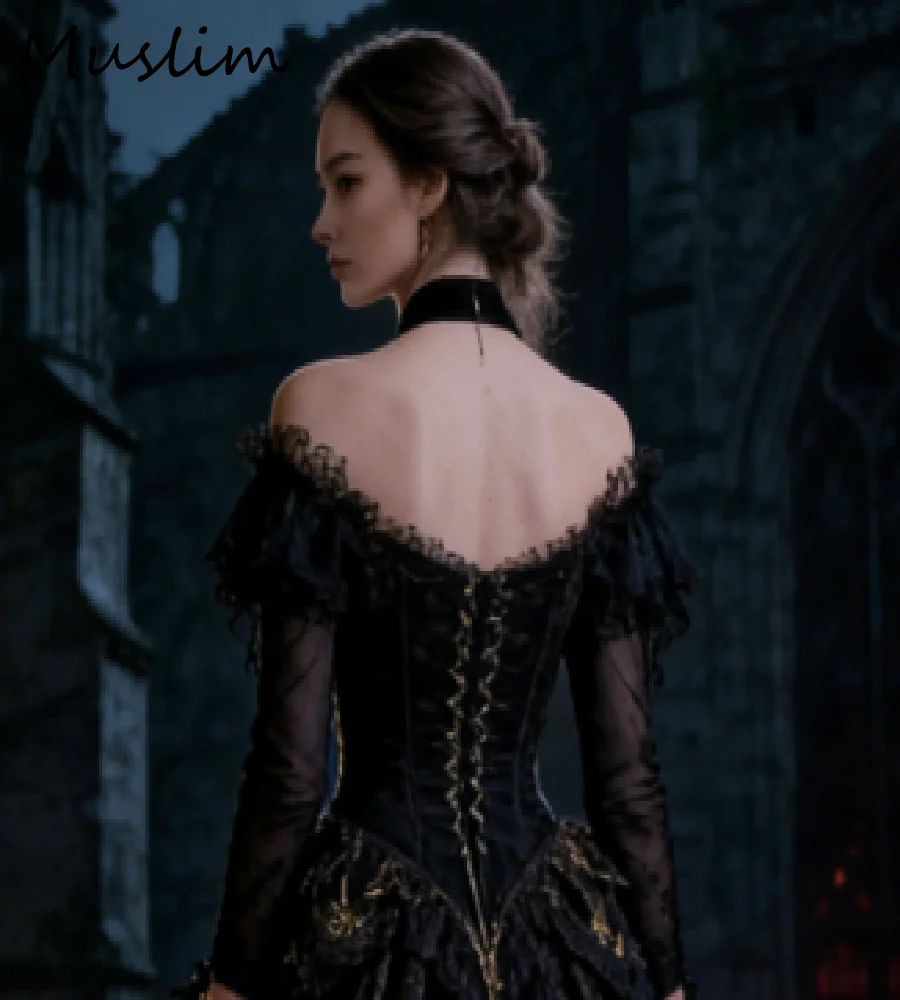Vintage Black Gold Medieval Wedding Dress 2026 Off Shoulder Lace Gothic Renaissance Bridal Gowns Celtic Long Sleeve Basque Waist
