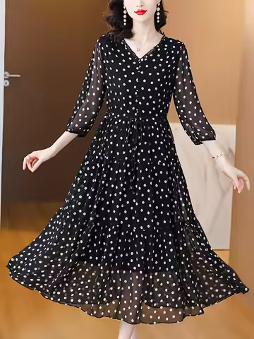 Summer Black Print Polka Dot Silk Midi Dress Women Elegant Bodycon Ruffled V-Neck Dress 2024 Vintage Hepburn Party Evening Dress