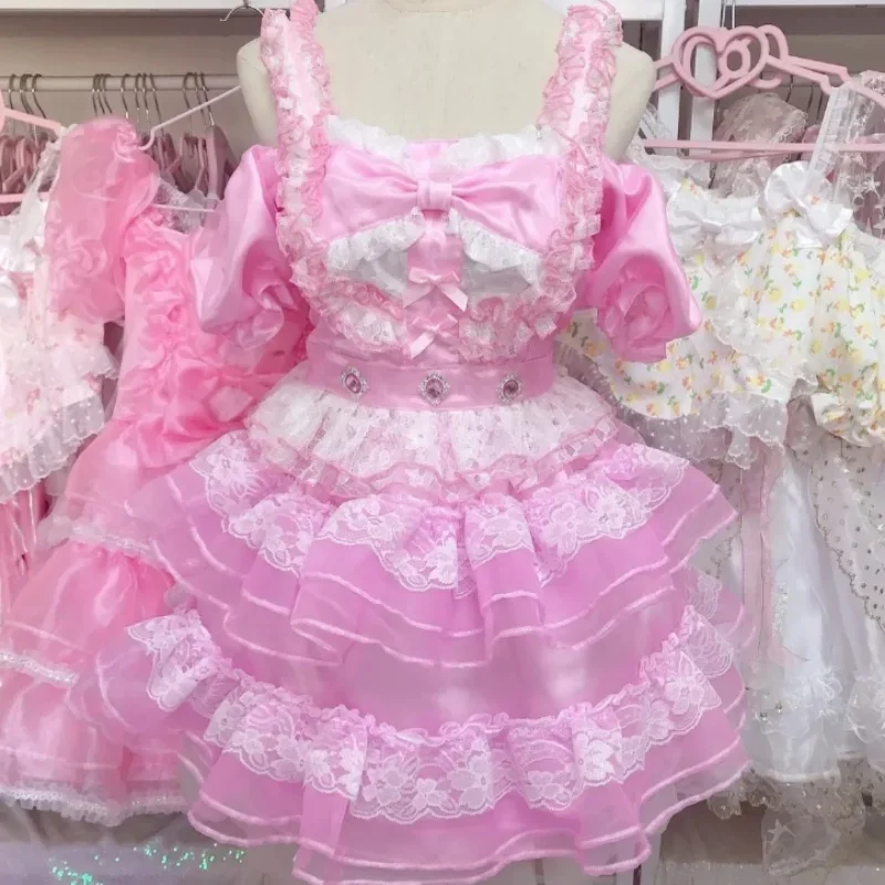 Сексуальное атласное платье с объемными рукавами для девочек, горничная COS, косплей, ABDL, кружевное платье с бантом и рюшами, милое пышное платье принцессы из тюля