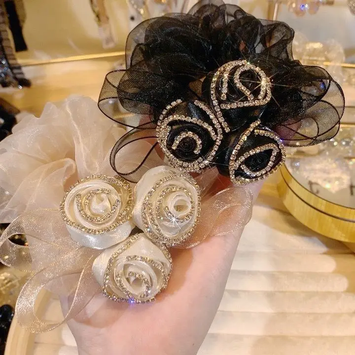 

Korean Celebrity's New Bow Organza Headband Rose Studded Diamond Headpiece Summer Temperament Tied with Ponytail and Rubber Band