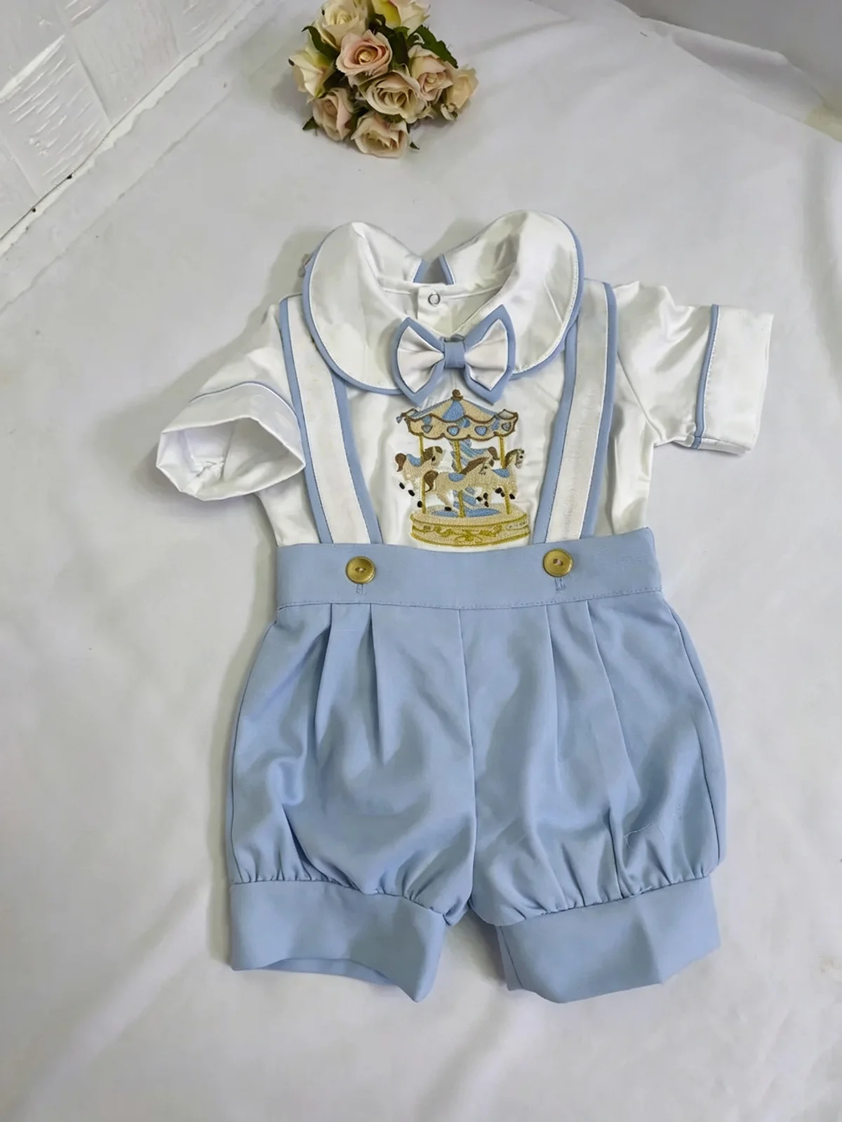 0-6Y Baby Boy Summer Short Sleeves Carousel Embroidered Tie Blue White Outfit Suit for Party Birthday Holiday B725