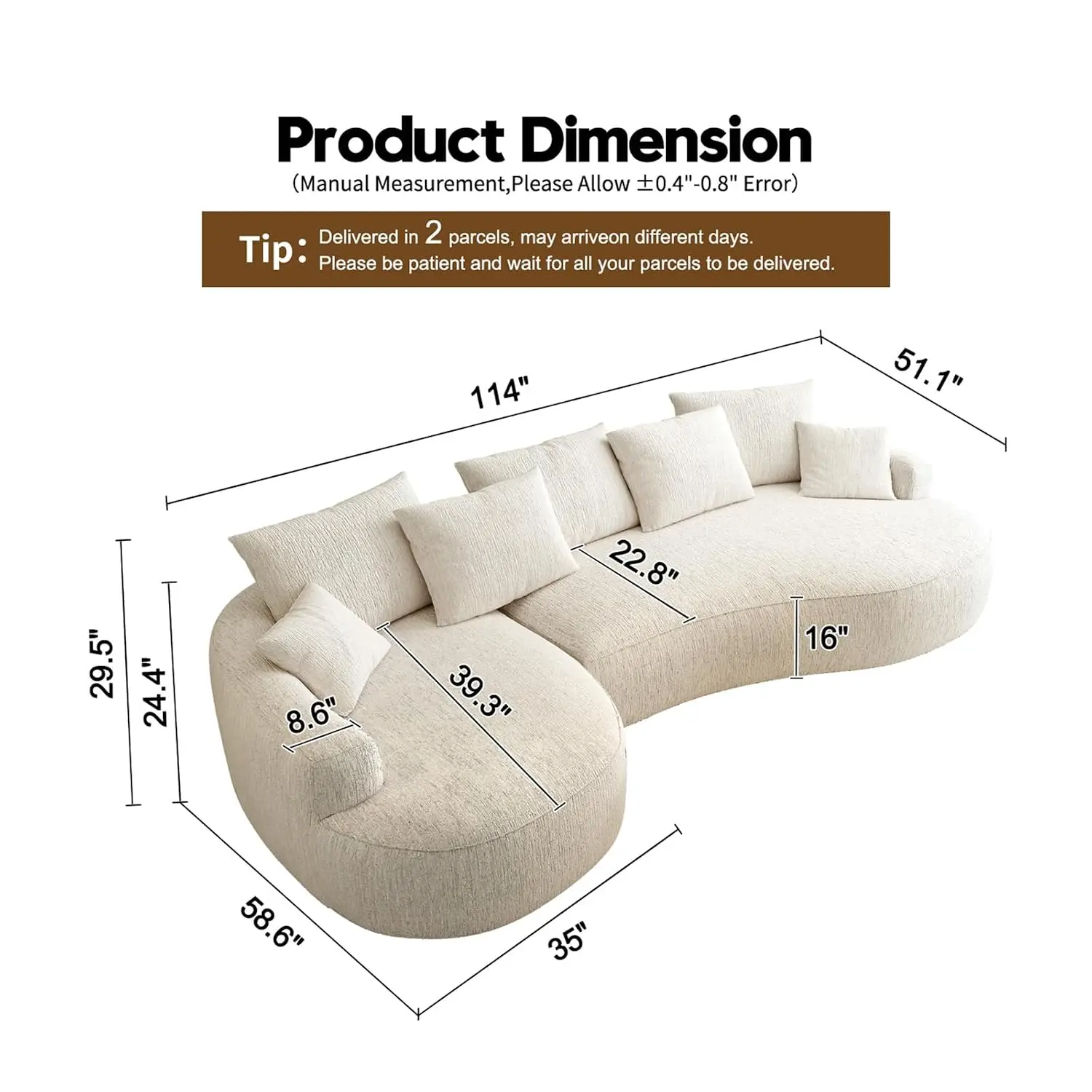 115-inch L-Shaped Luxurious Modern Contoured Curved-Back Sofa, a Seamless Boneless Design with Curved Silhouette,, Customized