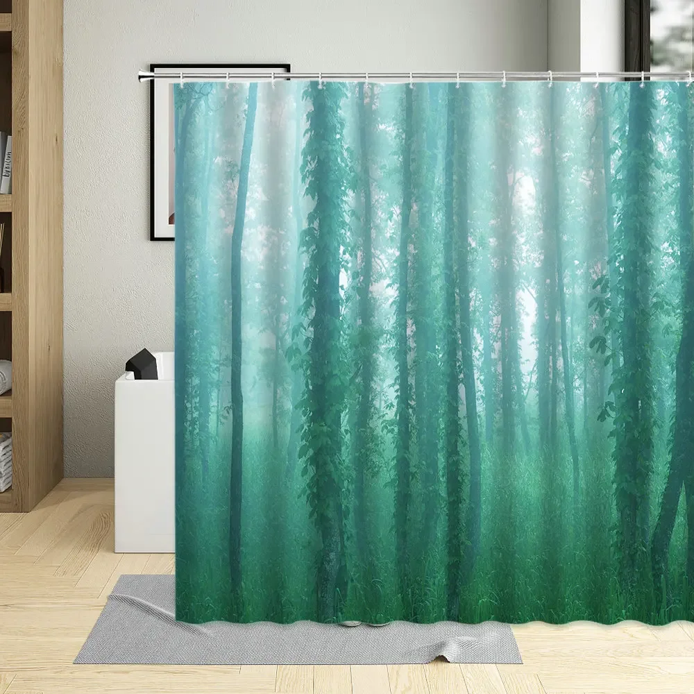 Psychedelic Green Forest Scene Bathroom Curtains Fantasy Fog Sunlight Scenery Shower Curtain Set Polyester Fabric Bathtub Decor