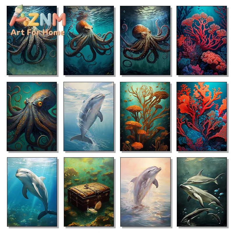 1pc frameless Canvas Painting Vintage Scuba Diver Octopus Dolphin Treasure Chest Poster Canvas Painting Wall Art Picture Living