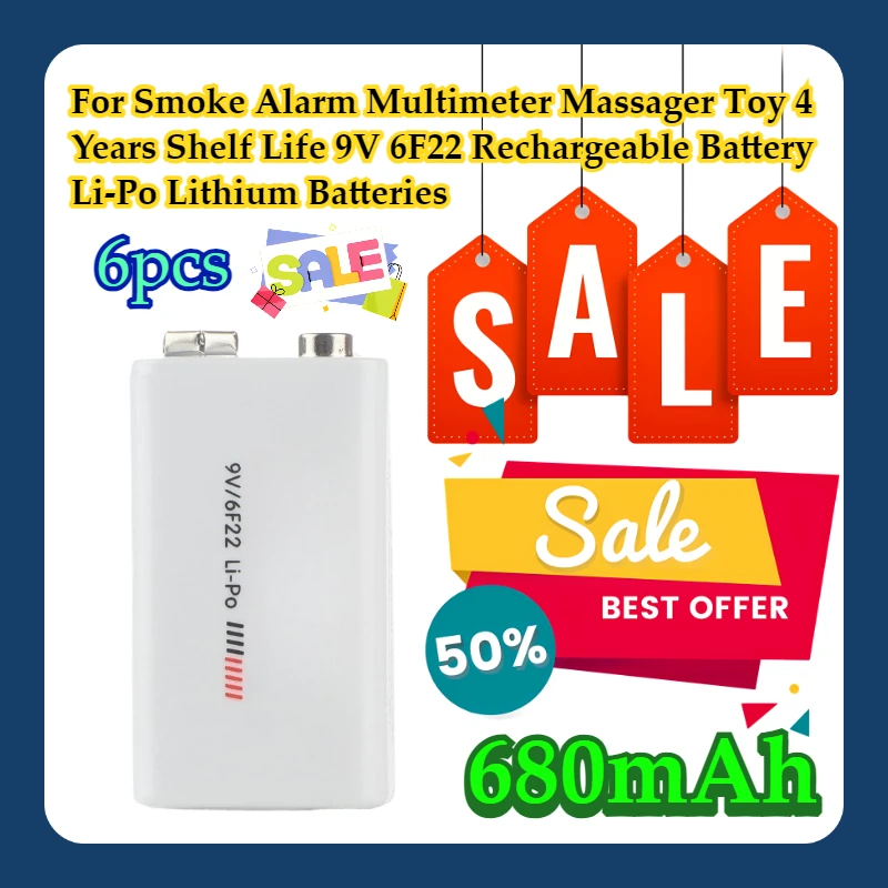 

6pcs For Smoke Alarm Multimeter Massager Toy 4 Years Shelf Life 9V 6F22 Rechargeable Battery 680mAh Li-Po Lithium Batteries