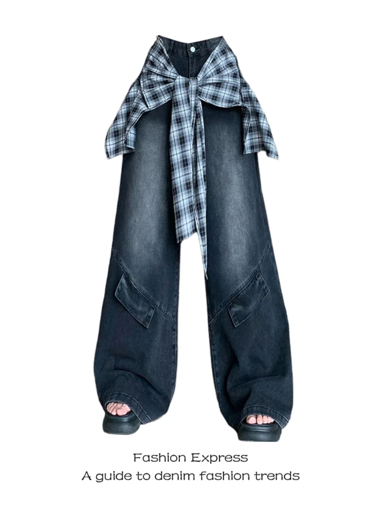 

High Waist Plaid Wide Leg Jeans Women's Summer American Retro Design Sense Floor Length Pants Trendy Button Closure Black