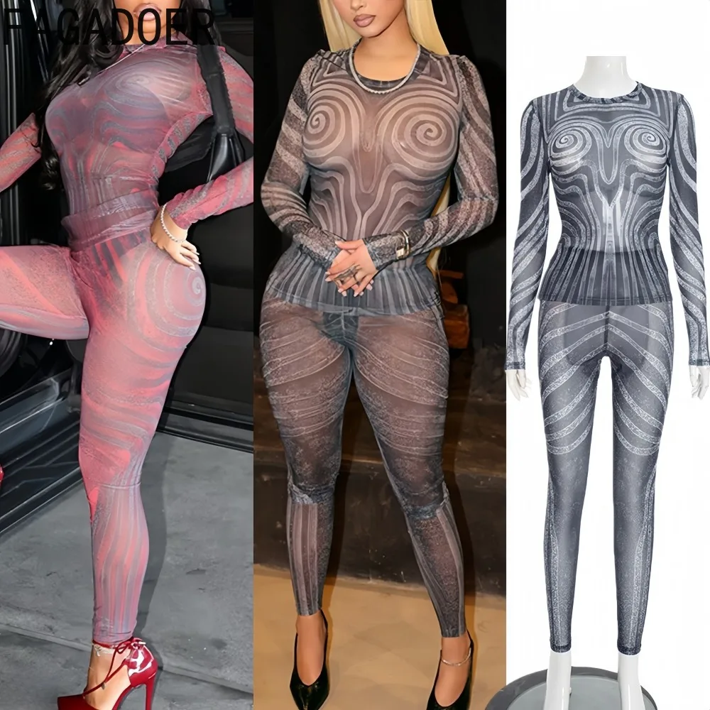 

FAGADOER Sexy Mesh See Through Two Piece Outfits Woman Pattern Printing Long Sleeves Crop Top and Pants Female Party Clubwear