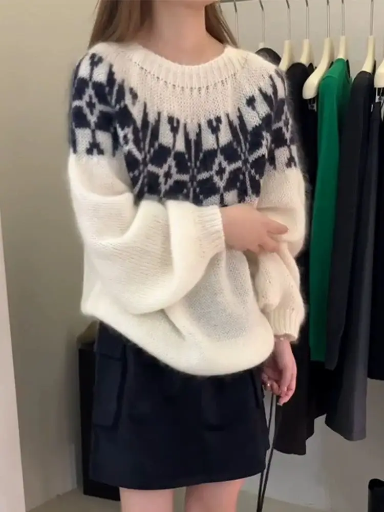 Maglione lavorato a maglia da donna retrò pigro Sle Morbido e accogliente rotondo Ne Lantern Sve Color Blo Autunno Inverno Versatile Nuovo arrivo