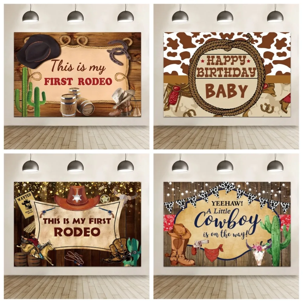 

Western Cowboy Theme Backdrop Vintage West Cowgirl Hat Cactus Happy Birthday Party Decor Banner Portrait Photography Background