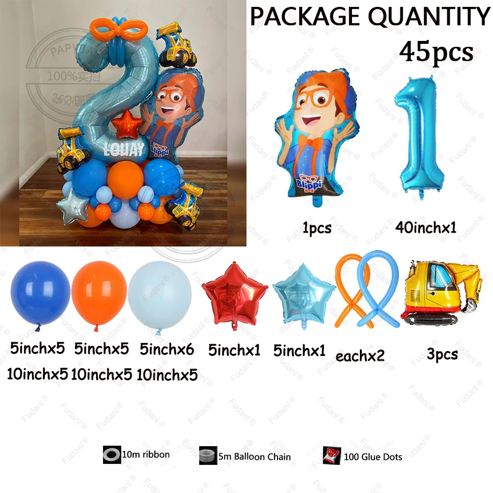 45pcs Blippi Theme Birthday Balloon Column Set Orange Blue Latex Balloons Boy Baby Shower Globos Birthday 1Year Old Party Decors