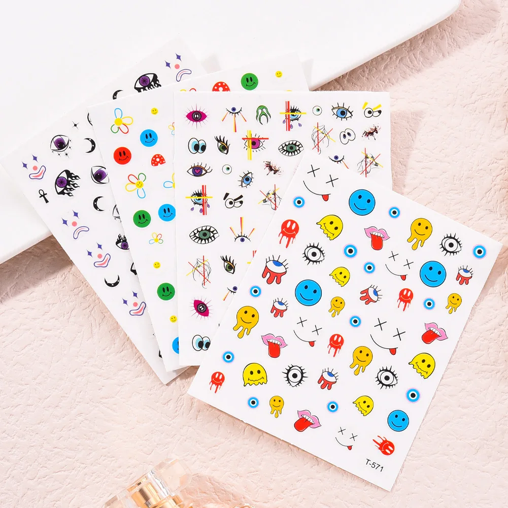 1pc Eyes Design 3D Nail Stickers Cute Smile Face Halloween Flame Slider Decals For Nail Art Decorations