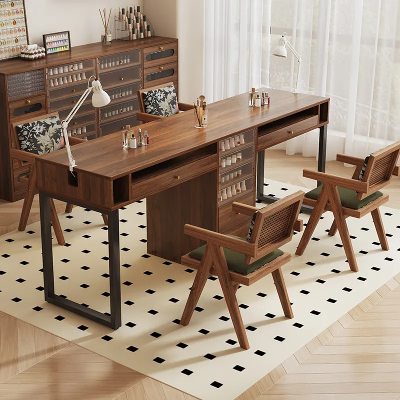 Large capacity Nail table vintage aesthetic practical professional manicure table luxury double tavolo nails legno furniture
