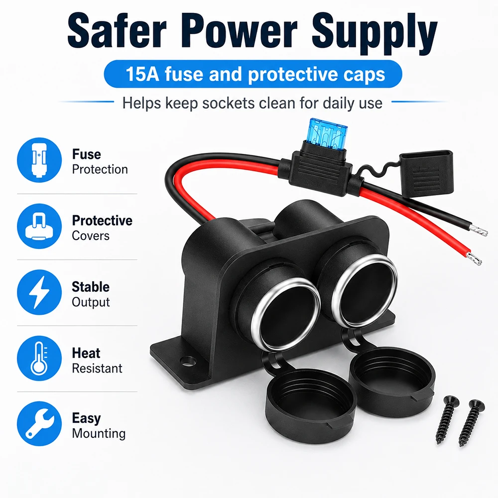 12V Dual Socket Zigarettenanzünder Splitter mit 15A Sicherung für Auto LKW RV Marine Steckdose Adapter – Detail 3