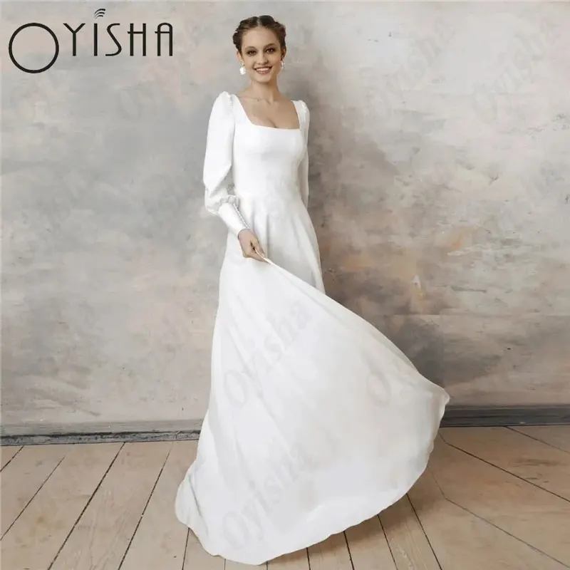 OYISHA Puff Sleeves Square Collar Wedding Dresses Classic Satin A-Line White Bridal Gowns For Woman Backless Vestido De Mariages