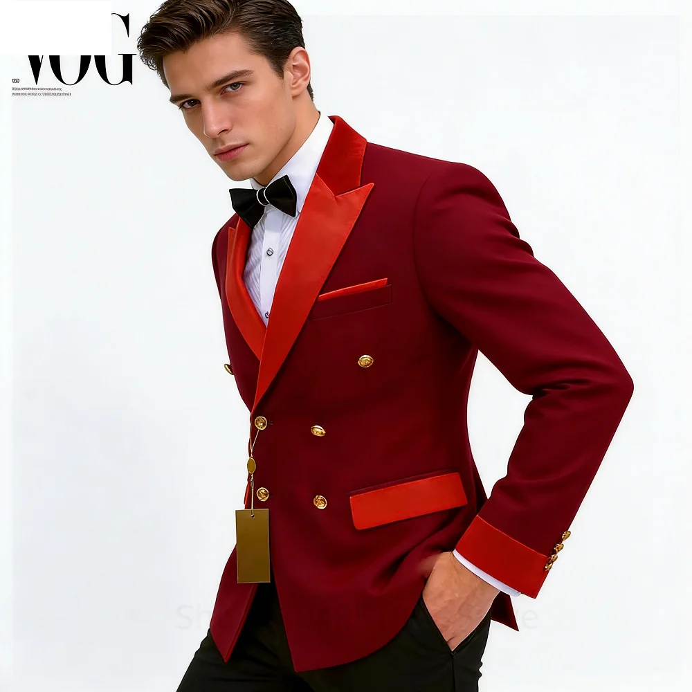 

Мужской однотонный деловой костюм-двойка: пиджак с острыми лацканами и двубортной застежкой, брюки, для свадьбы и торжественных мероприятий