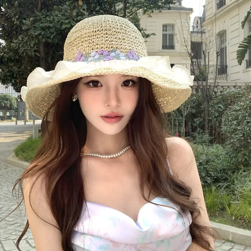 French Sweet Lace Floral Straw Wide Brim Sun Hat for Women,Wavy Edge Beach Vacation Cap,UV Protection Summer Hat,Outdoor Seaside