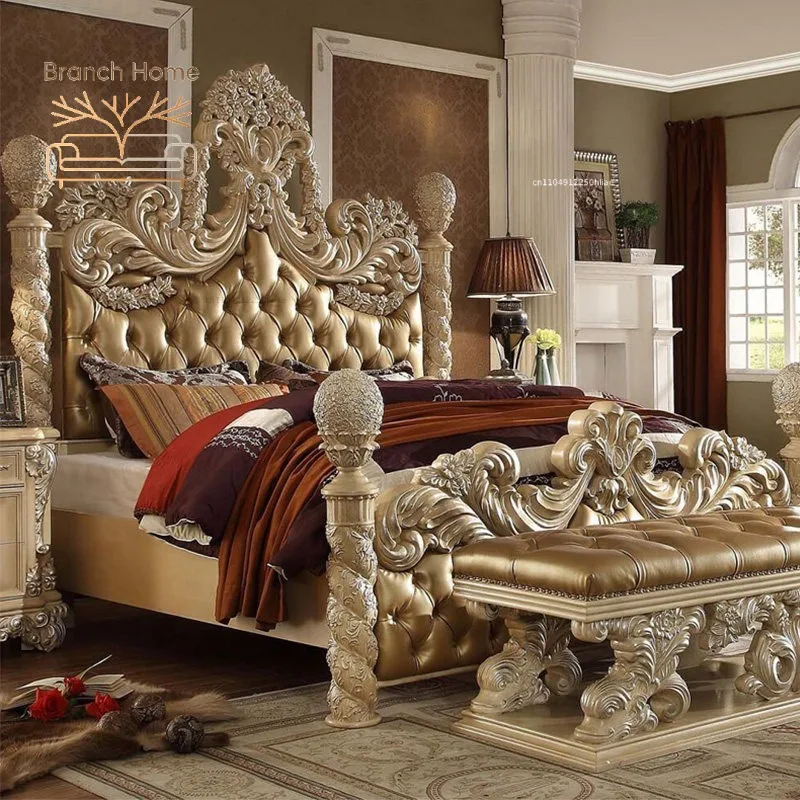 European Style Luxury Solid Wood Baroque French Log Carved Genuine Leather Double Bed with Dressing Table Home Furniture