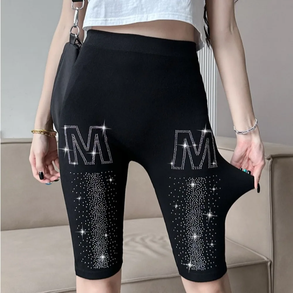 Black Women Rhinestone Leggings Knee Length Zircon Letter High Waist Yoga Shorts Thin Seamless Hip Lift Shorts Pants Sports