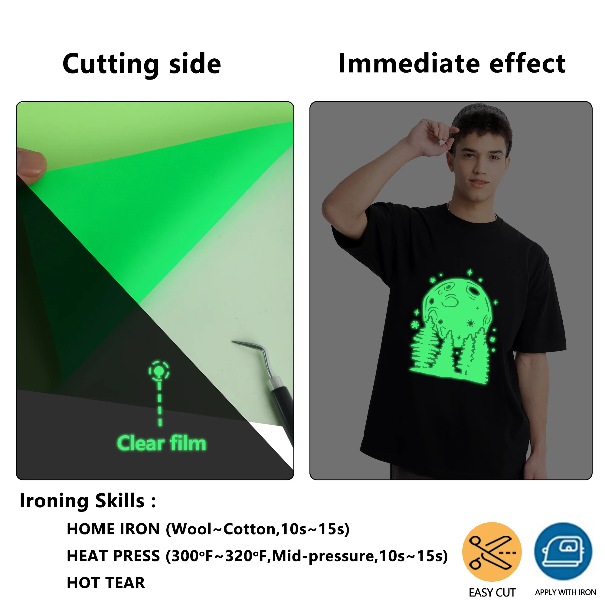 Glow in The Dark HTV, Heat Transfer Vinyl for T Shirt,PU Elastic Vinyl, Iron On Vinyl For All Cutter Machine, Easy to Cut &Weed