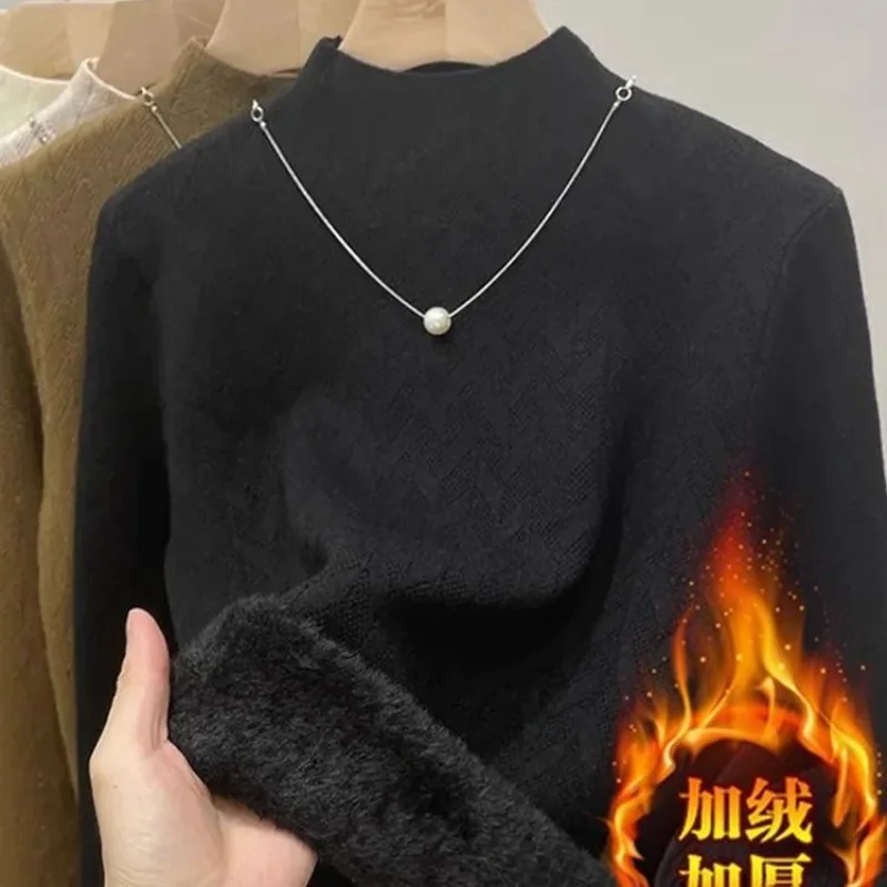 Suéter para mujer, invierno, forro de terciopelo de felpa, grueso, medio cuello alto, jersey de rayas Jacquard agradable para la piel, Tops térmicos, suéter
