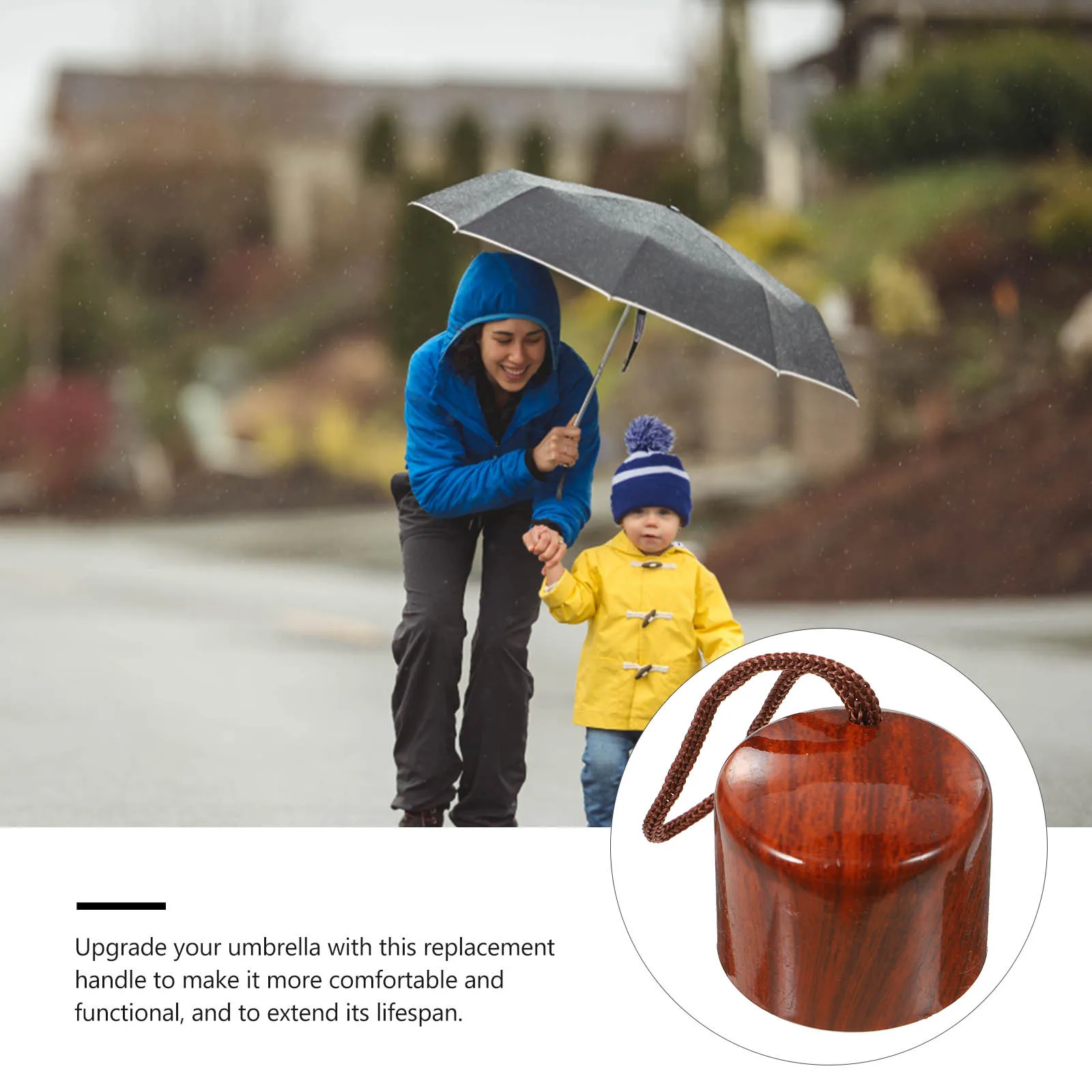 

Folding Rain Umbrella Handle Replacement Plastic Imitation Wood Grain Grip Durable Non-Slip Compact Umbrella Grip for Daily Use