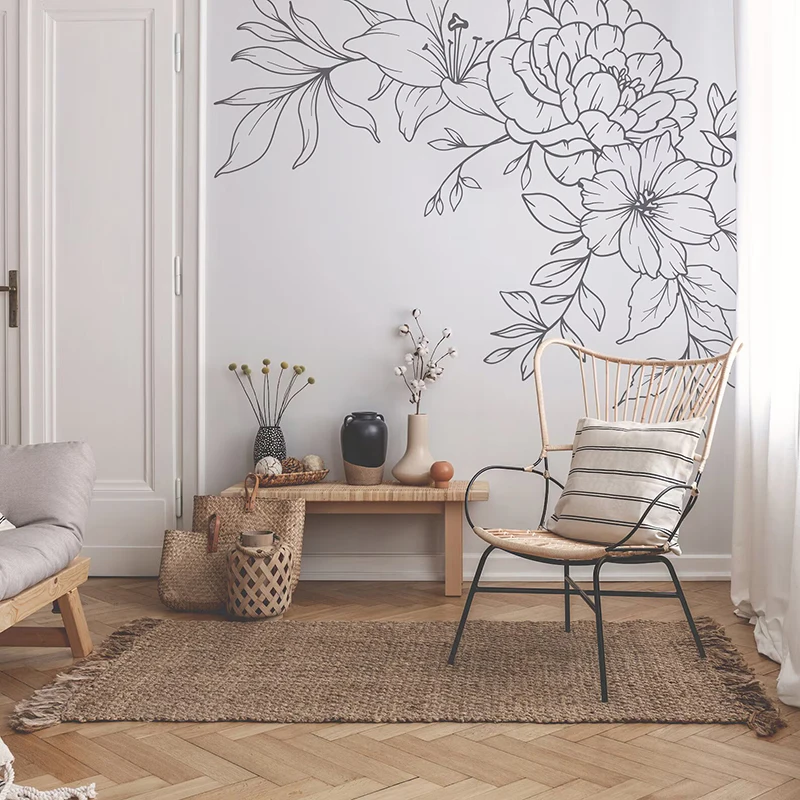 Decalques de parede de canto de flores de desenho de linha mínima, desenho de linha floral de parede de destaque, arte de parede focal, decoração de apartamento, E601
