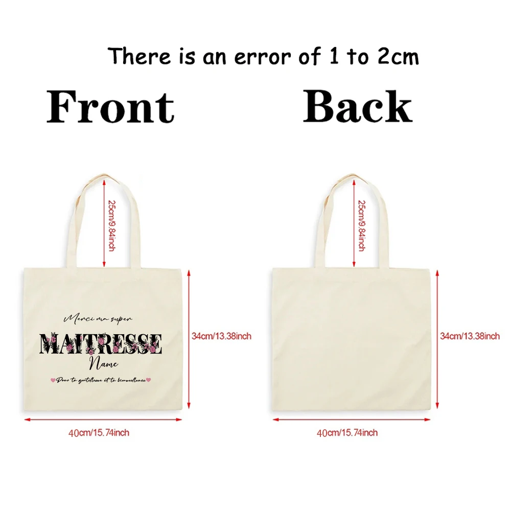 Custom Name Merci Maîtresse Canvas Tote Bag, French Teacher Appreciation Gift Bag, Personalized Floral Teacher Tote