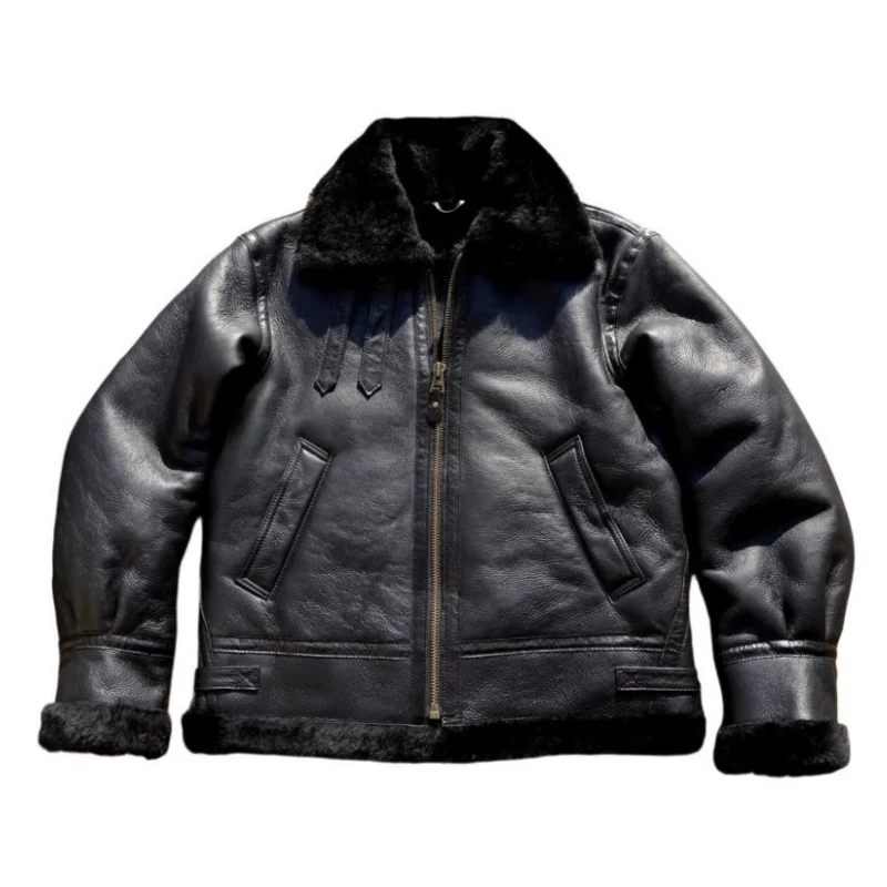 Genuine Natural Thick Sheepskin Turn-Down Collar Bomber Flight Coat Black Winter Shearling Jacket Men Retro Style Plus Size 5XL