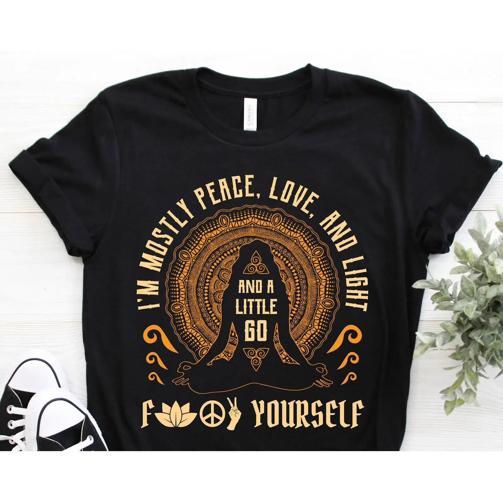 I'm Mostly Peace Love And Light A Little Go F Yourself Funny Yoga T Shirt Vintage Spiritual For Instructor vintage Washed