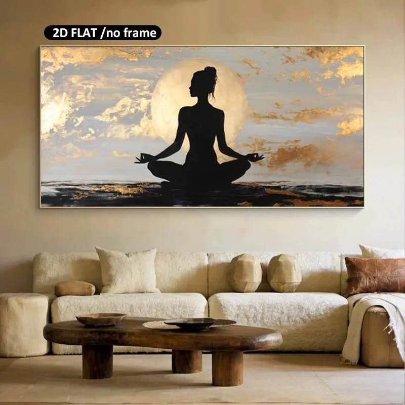 Frameless Modern Canvas Prints Woman in Lotus Pose Against Golden Moon, Wall Art for Living Room, Bedrooms, Home Decor, 2D Flat