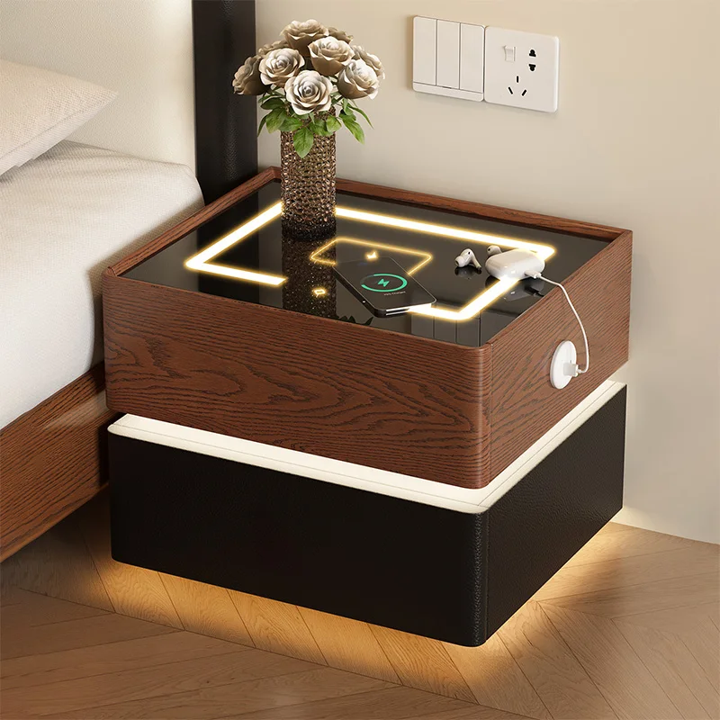 Italian Floating Nightstands Walnut Bedside Storage Cabinet Luxury Minimalist Bedroom Furniture Smart Modern Drawer Cabinets