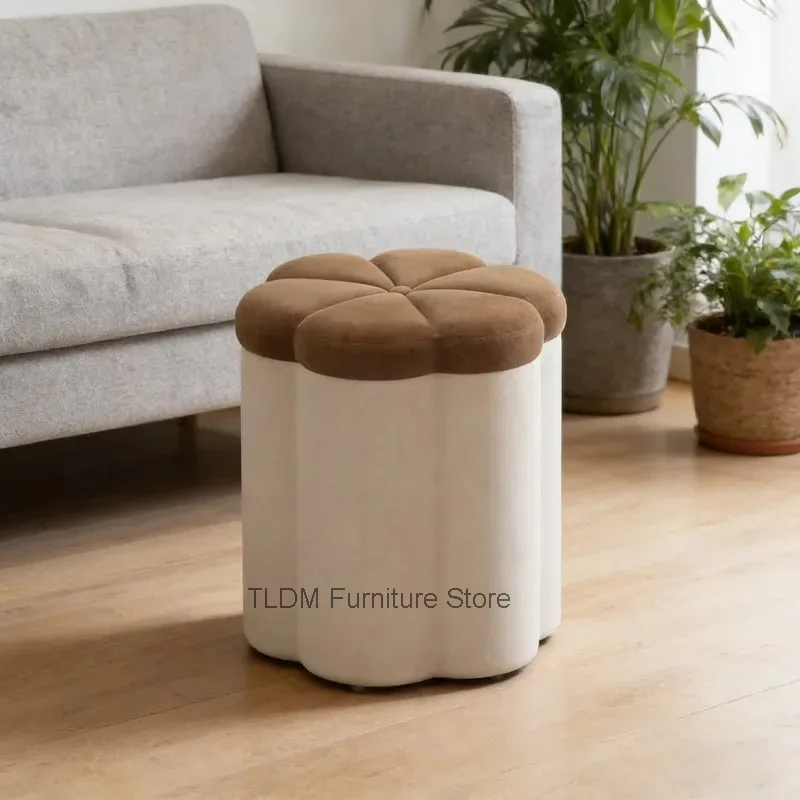 Cream Style Pumpkin Ottoman Stool with Velvet Upholstery, Two-Tone Color Design, Storage Vanity Stool for Bedroom & Living Room