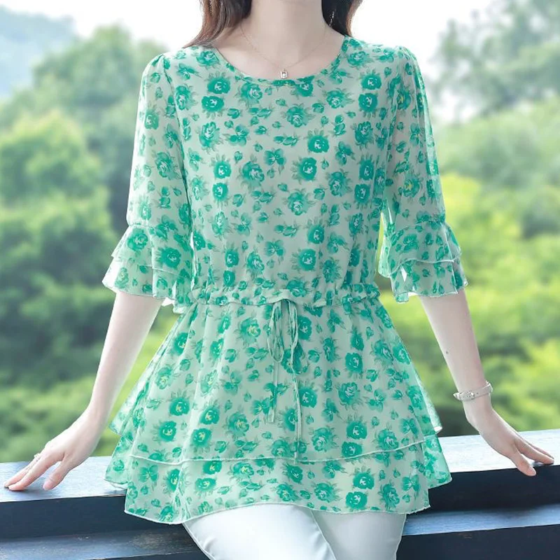 Summer New Plus Size Floral Blouse Half Sleeve Lacing Drawstring Printing Loose Office Shirt Tops Elegant Vintage Women Clothing