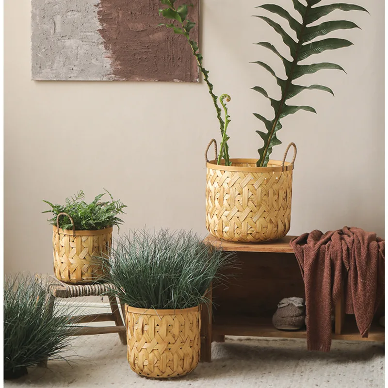 Living Room Standing Flower Basket Natural Bamboo Woven Garden Pots Double Ear Handles Green Plants Interior Decor Plant Stand