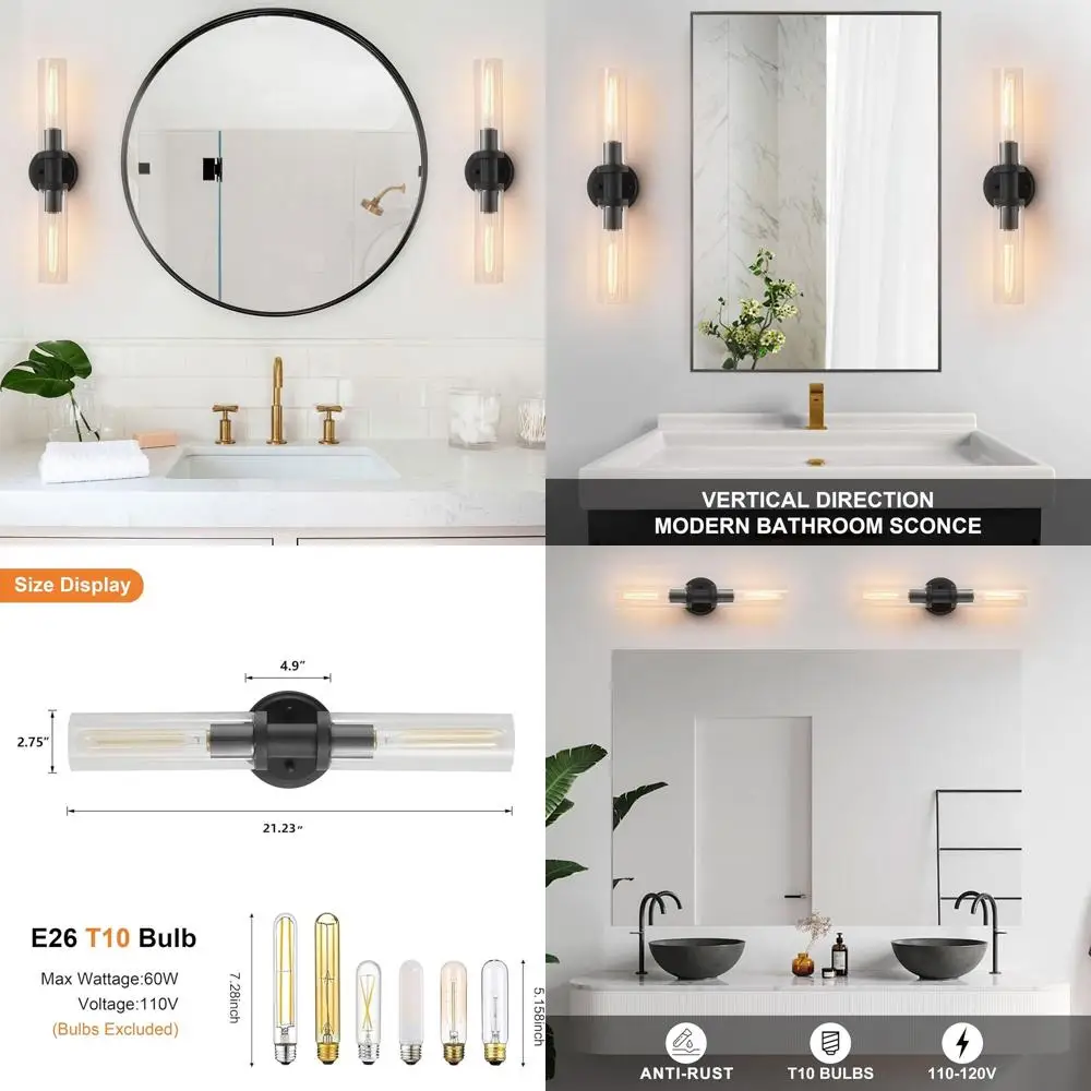 โคมไฟติดผนังสีดำด้านสไตล์โมเดิร์นพร้อมกระจกใสสำหรับห้องน้ำ ห้องนั่งเล่น และห้องนอน