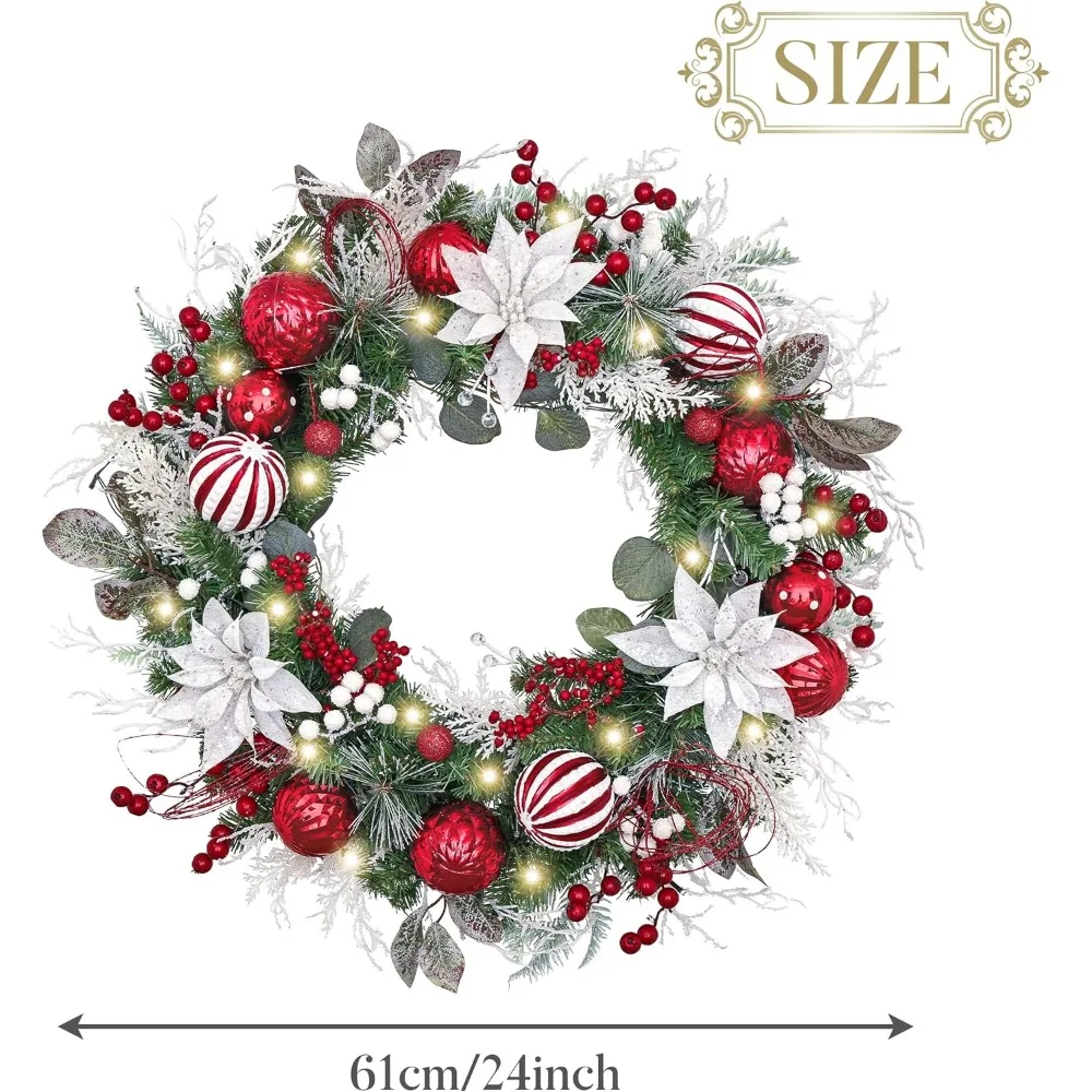 Pre-Lit Christmas Wreath for Front Door with Lights, 24 Inch Large Lighted Christmas Wreath with Red White Xmas Balls