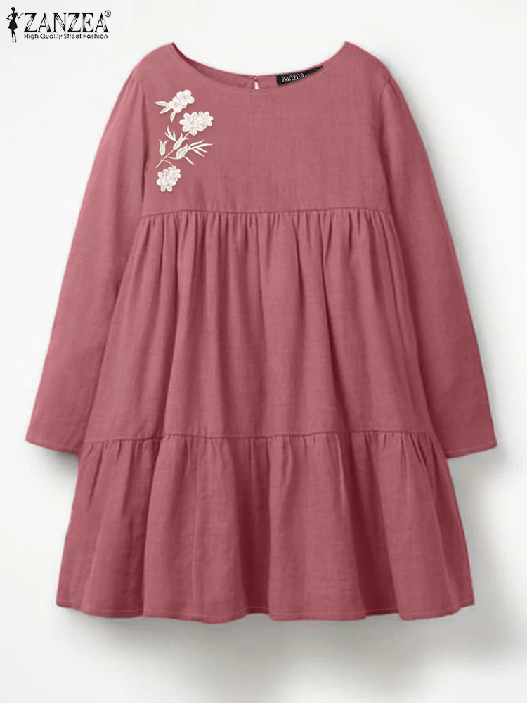 

ZANZEA Fashion Floral Embroidery Shirt Women Round neck Buttons Tops 2025 Spring 3/4 Sleeve Shirts Casual Loose Pleating Tunics