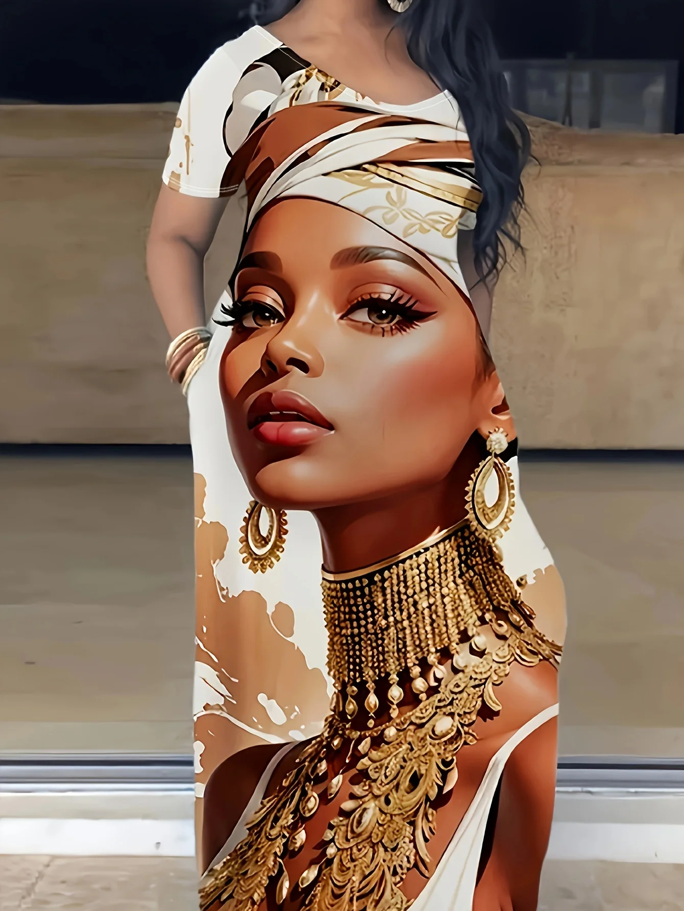 

Casual essential V-neck short sleeve maxi dress with abstract print, designed for versatile everyday wear