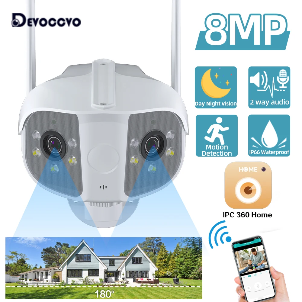 8MP 4K 180° Ultra Wide View Angle Panoramic WIFI Dual Lens 4MP wireless IP Camera Outdoor Motion Detection Home Security Camera