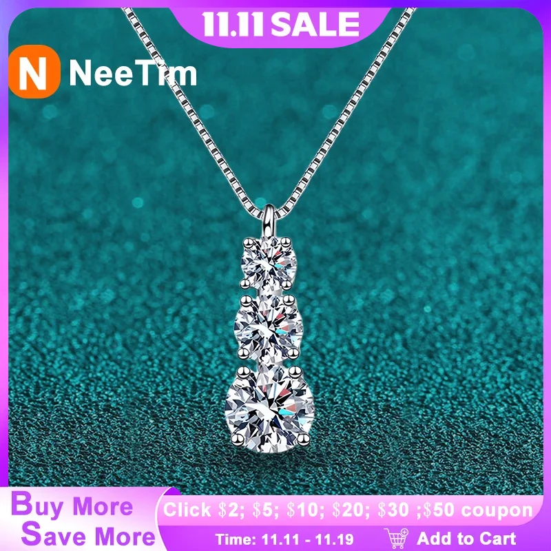 

NeeTim Full Moissanite Pendant Necklace S925 Sterling Silver 3 Stones Full Sparkling Diamond Necklaces Fine Wedding Jewelry