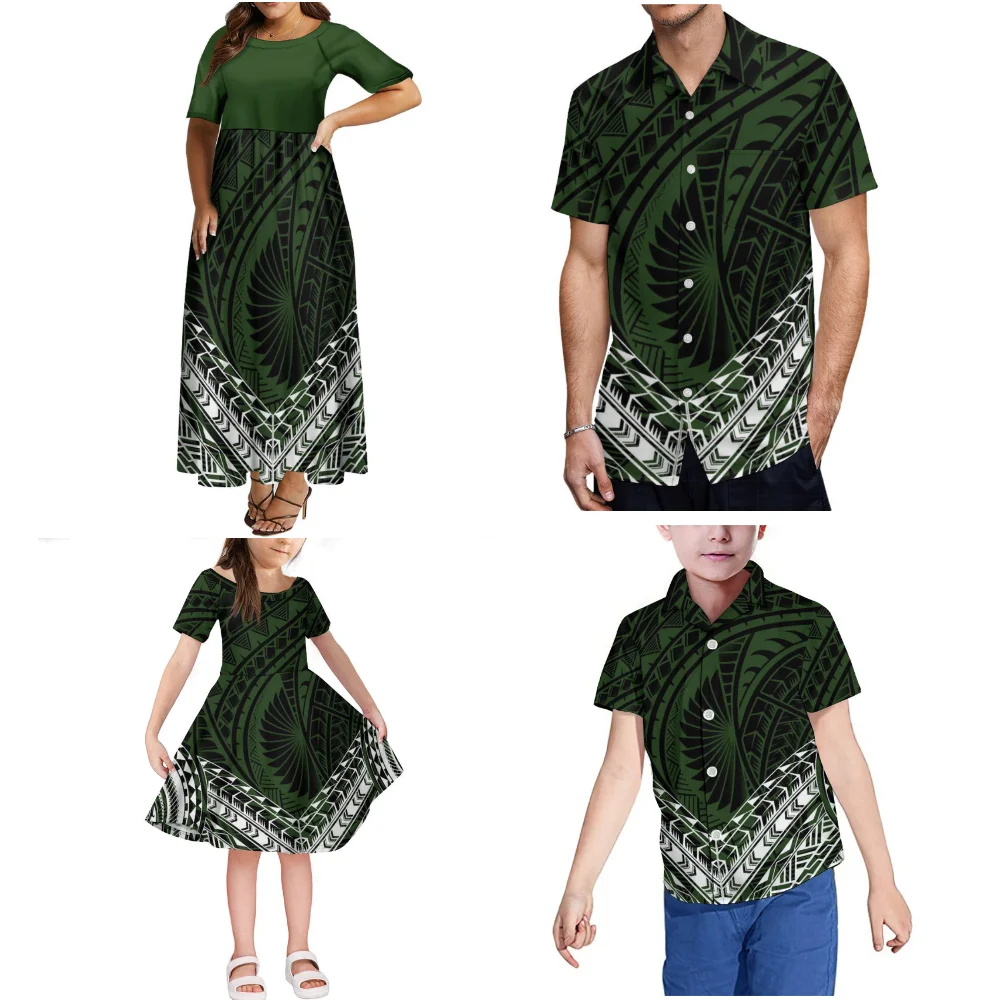 Custom Samoan Fijian Family Suit Slim Maxi Polynesian Dress Women'S And Men'S Shirts Children'S Clothing