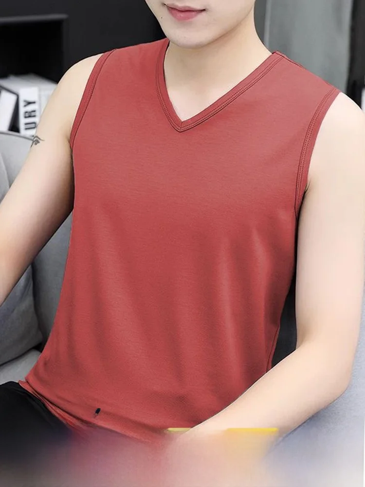 Modal Cotton V-Neck Men's Vest Summer New Ice Silk Sports Fitness Sleeveless Shoulder Pad Trendy Men's Wear Moisture Wicking