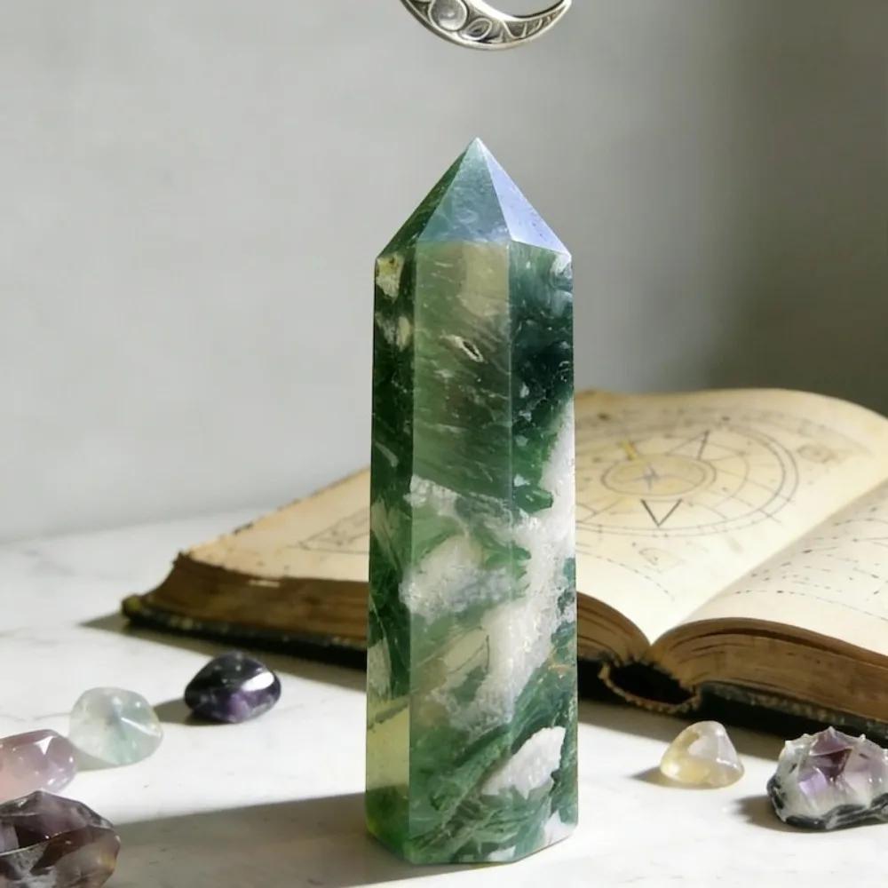 1.91-3.54inch Natural Moss Agate Tower Point for Spiritual Use Green Water Plant Hexagonal Obelisk Point Chakra Home Decor